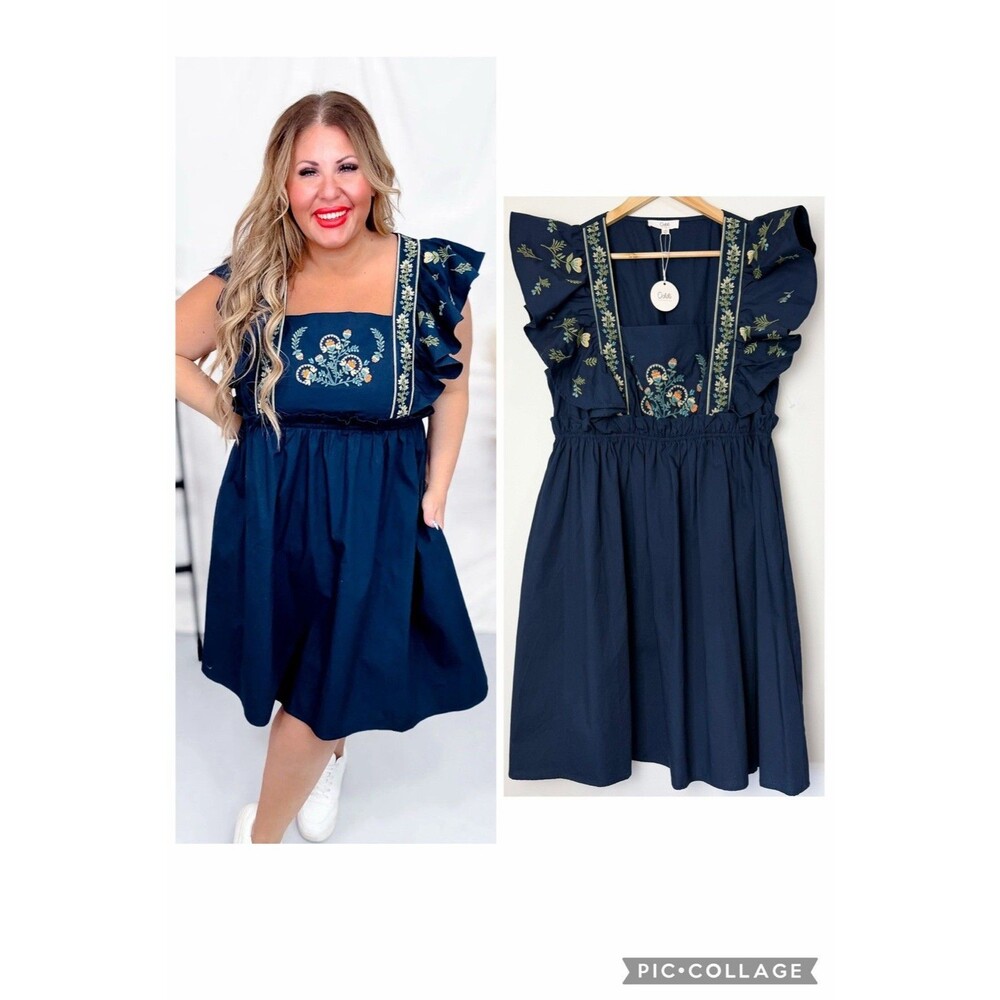Oddi Los Angeles Poplin Dress Blue Ruffle Floral Embroidery NWT Women’s 1XL